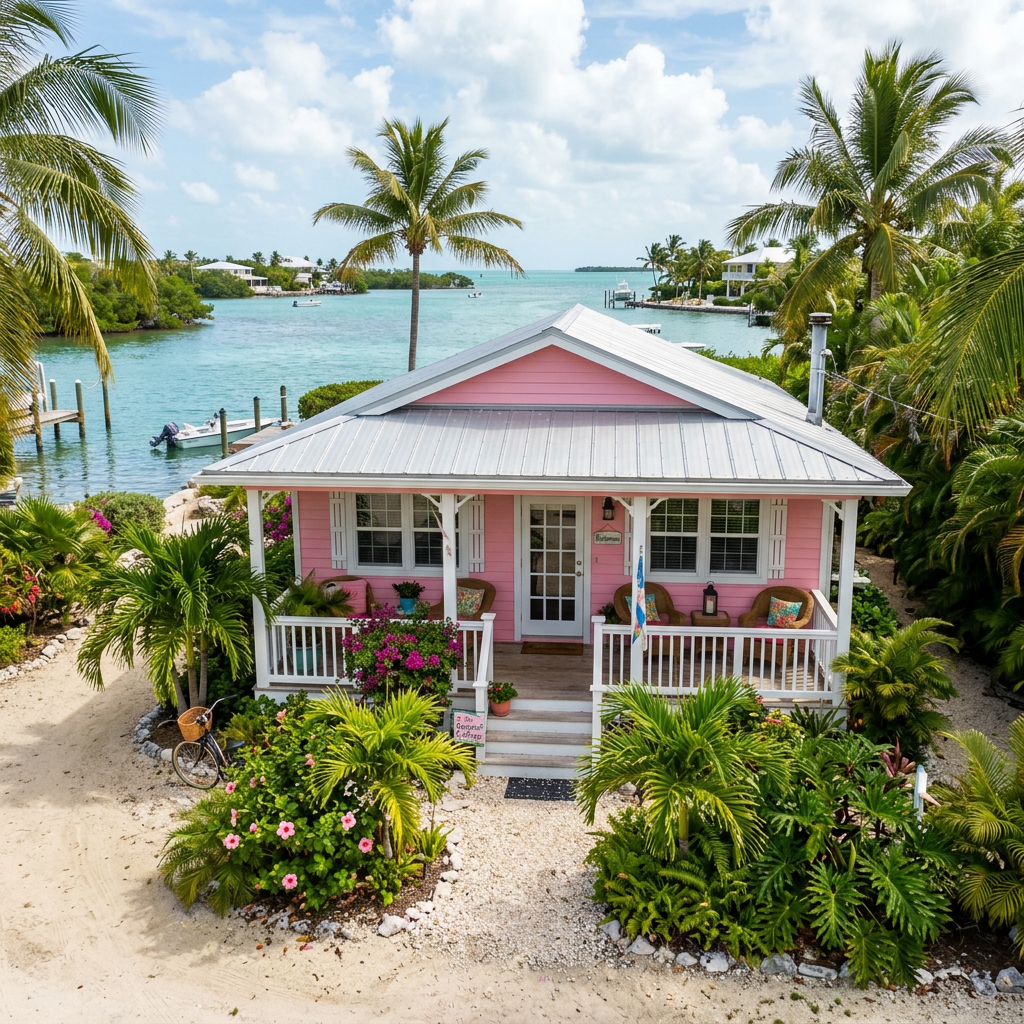 Pink cottage with white porch surrounded by tropical greenery and ocean view
